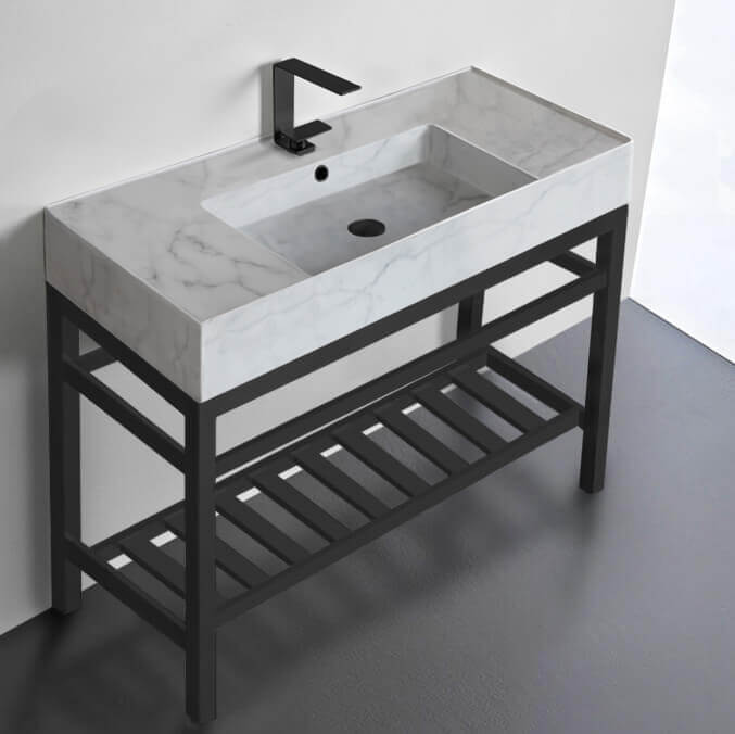 Scarabeo 5124-F-CON2-BLK-One Hole Modern Marble Design Ceramic Console Sink and Matte Black Base